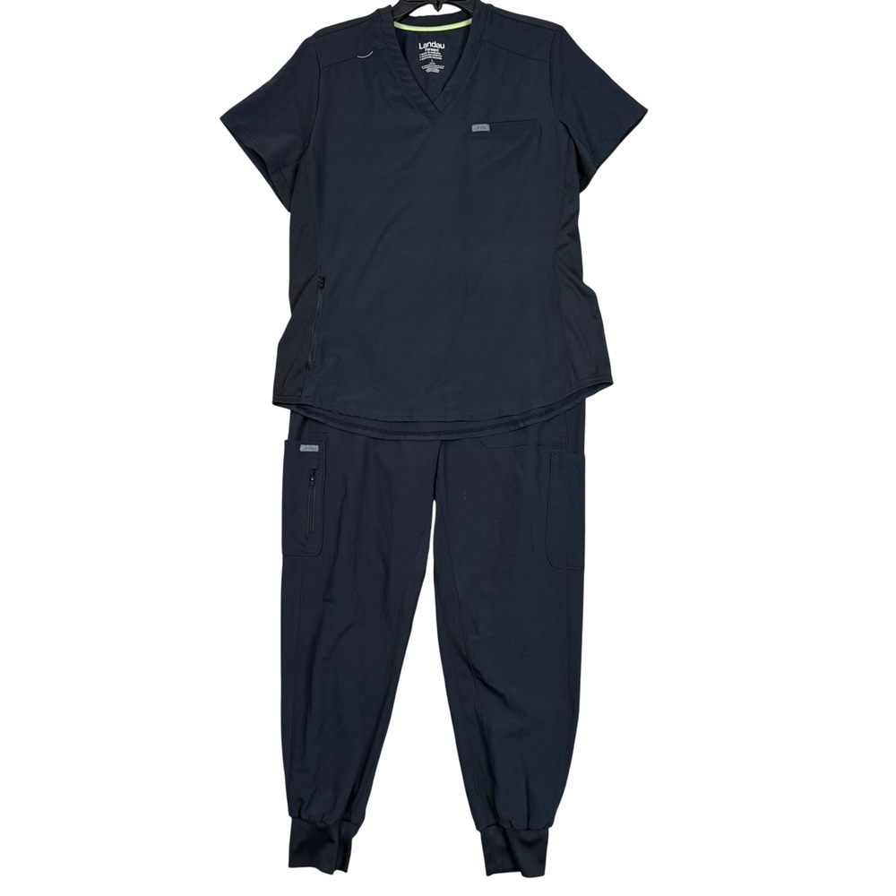 Landau Scrub Set L Petite 21.5x27 Forward Jogger V-Neck Black Stretch Medical